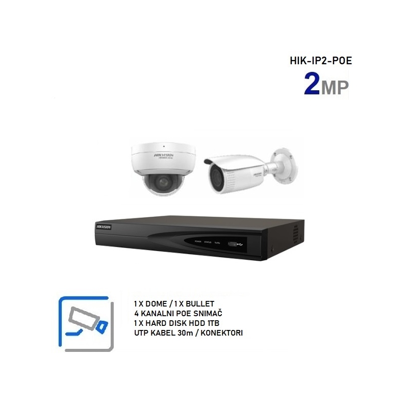 Hikvision IP komplet sa 2 POE kamere, 2MP, Varifocal