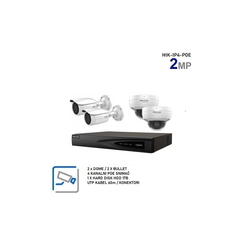 Hikvision IP komplet sa 4 POE kamere, 2MP, Varifocal